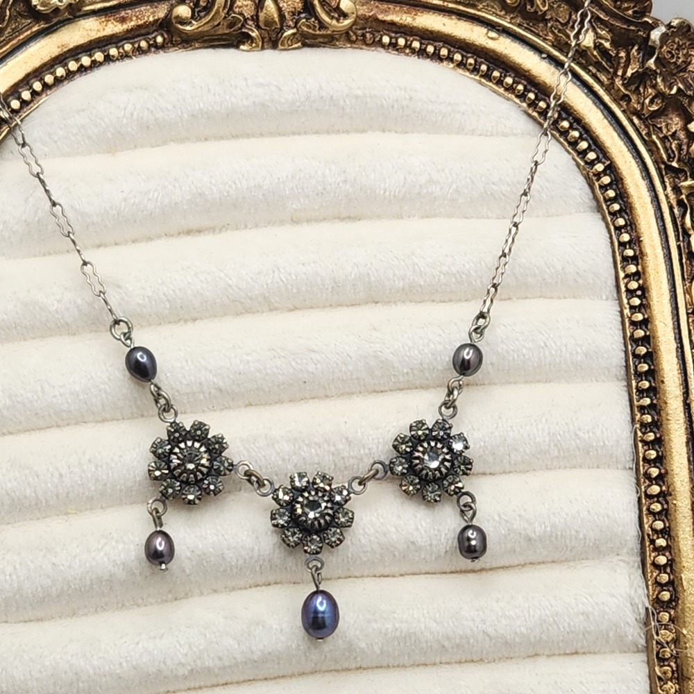 Liz Palacios Cultured Peacock Pearl Rhinestone Floral Necklace Victorian Gothic